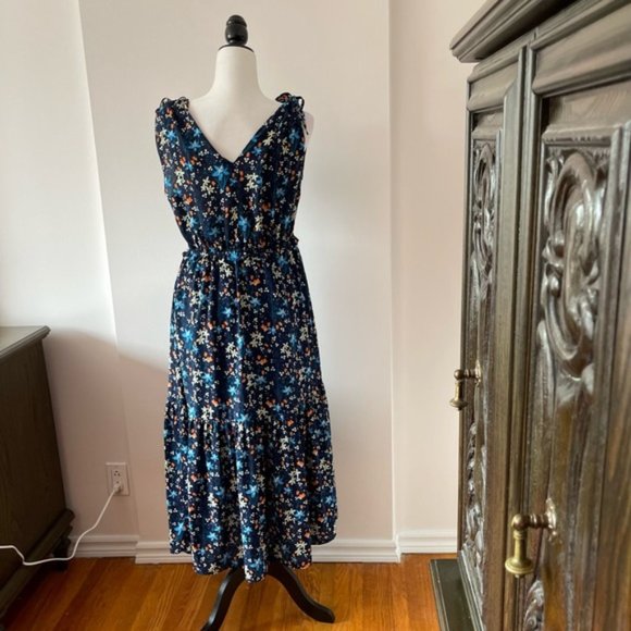Gap Floral Tiered MIDI Dress Navy Blue v neck with shoulder ties - Picture 10 of 14